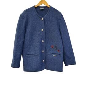 Geiger Button Coat Jacket Women 40 Wool Blue Pockets Flower Embroidered